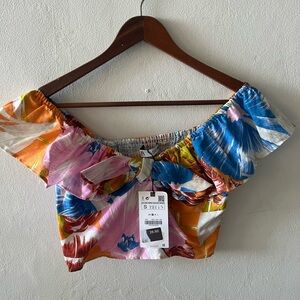 Zara Multicolor Floral Off-Shoulder Crop Top